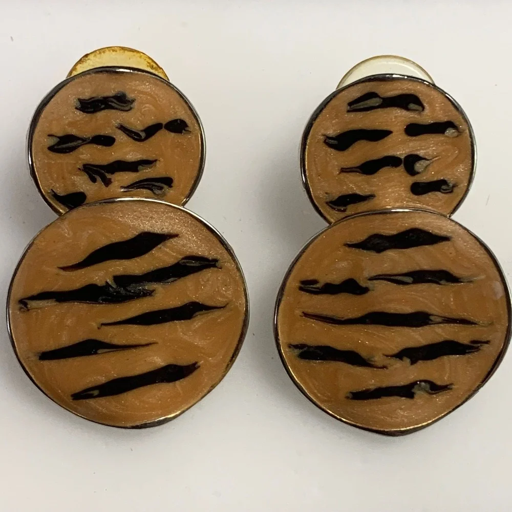 Vintage Tiger Print Enamel Double Circle Drop Earrings Tan Black Silver Tone